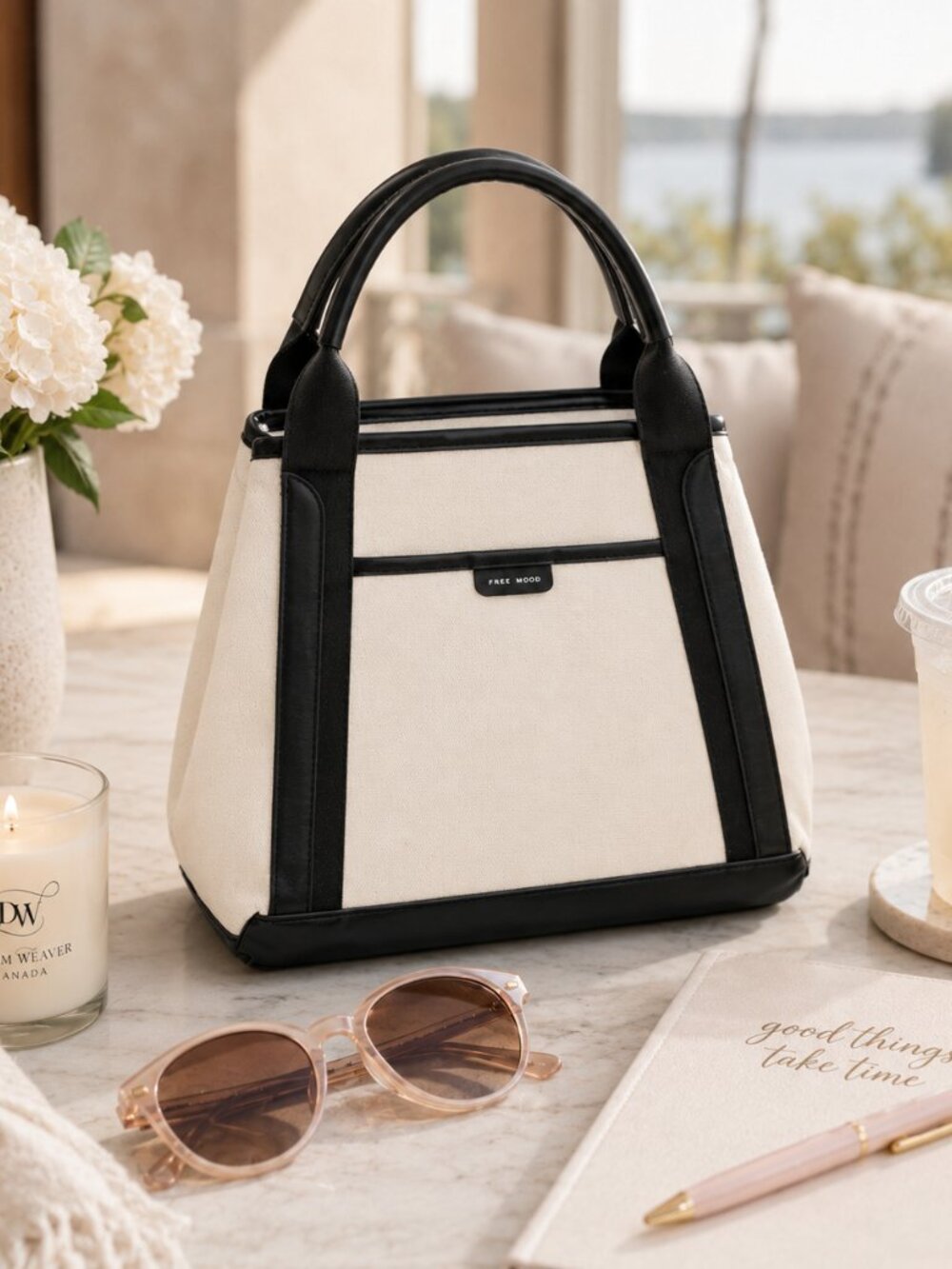 Mia Tote Bag – Ivory Canvas & Black Vegan Leather | Pixie Mood